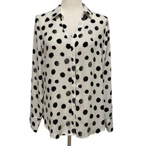 WORTHINGTON Blouse Button Down Dress Shirt Black White Long Sleeve Size Large